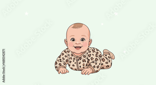 Adorable Infant With A Cheerful Smile, Resting In A Playful Leopard Onesie