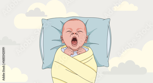 Adorable Infant Yawns While Wrapped Comfortably In A Swaddling Blanket And Resting