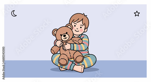 Adorable little child hugging a teddy bear and ready for sweet dreams and sleep
