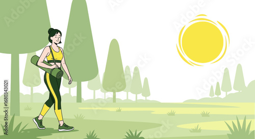Active Woman Strolling To Yoga Class Enjoying Nature In An Illustrated Sunlight Scene