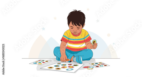 Adorable little boy playing with a matching game puzzle for educational purposes