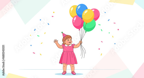Adorable little girl celebrating birthday with balloons and confetti having fun occasion