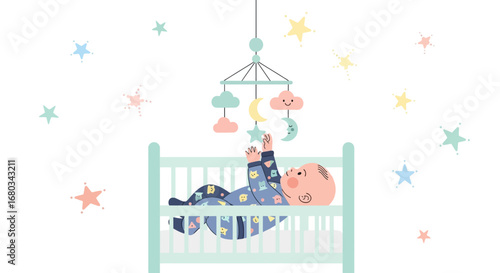 Adorable Newborn Baby Reaching, Touching Toys in Crib Under Whimsical Starry Sky Illustration