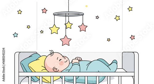 Adorable Baby Asleep In Crib Surrounded By Colorful Star Mobile And Decorations