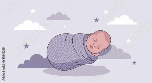 Adorable Newborn Baby Sleeping Peacefully Swaddled Amidst Dreamy Clouds And Stars