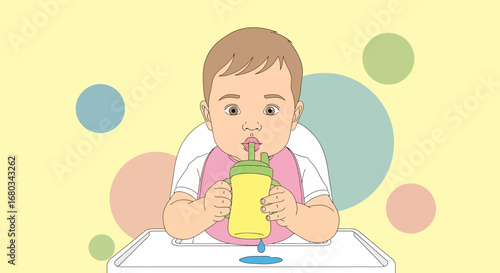 Adorable Baby Boy Drinking From A Sippy-Cup, Vibrant Cartoon Illustration