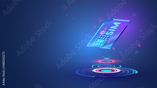 Esim icon hanging in the air 3d cyberspace. Digital virtual electronic sim card over hud digital podium. Futuristic glass mobile communication chip. eSIM mobile technology. Circular virtual interface.