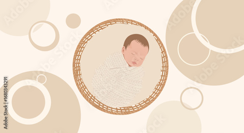 Adorable Newborn Baby Swaddled and Sleeping Comfortably in a Woven Basket