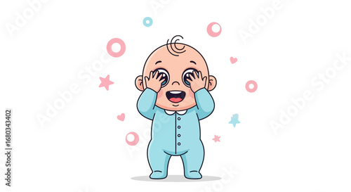 Adorable baby cartoon with hands over eyes, a sweet depiction of wonder and delight