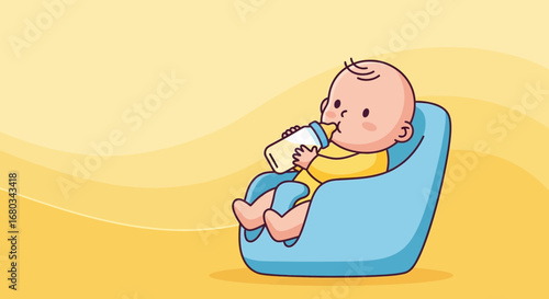 Adorable Baby Comfortably Sits In Chair While Drinking Milk From A Bottle Illustration