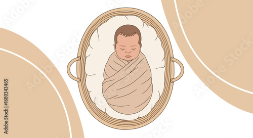 Adorable Newborn Infant Swaddled Comfortably Sleeping Peacefully in Woven Basket