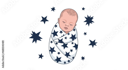 Adorable Newborn Infant Swaddled in Blanket, Peaceful Slumber Surrounded by Stars