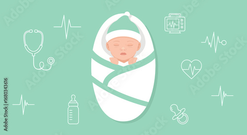 Adorable Newborn Wrapped in Swaddling with Medical Icons and Modern Digital Artwork