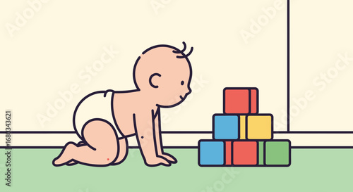 Adorable Baby Crawling Towards Colorful Blocks, Displaying Curiosity And Exploration