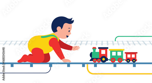 Adorable baby crawls towards a toy train, ready for playful and joyful adventures