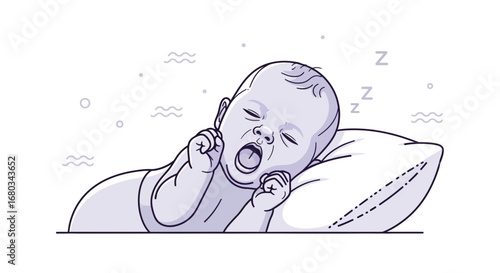 Adorable Newborn Yawning While Snuggling On A Soft White Pillow For Sweet Dreams