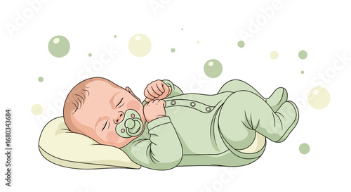Adorable Baby Dreaming Sweetly While Resting on a Pillow with a Pacifier Cartoon Graphic