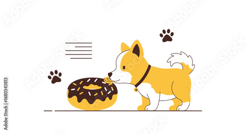 Adorable Pup Snacking On Delightful Doughnut, A Cute Culinary Cartoon Scene