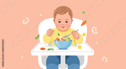 Adorable Baby Enjoying a Meal in a High Chair, Illustration of a Happy Infant