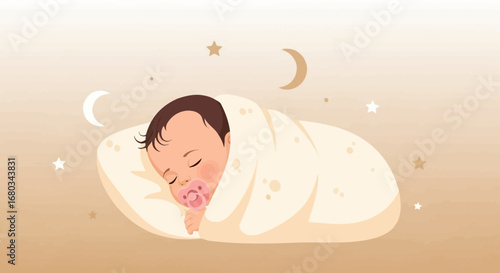 Adorable Sleeping Baby Comfortably Swaddled with Pacifier, Moon and Stars Backdrop