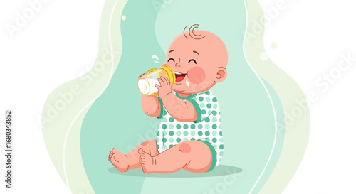 Adorable Baby Enjoying Formula From A Bottle While Smiling Delightfully And Happily