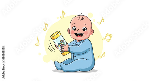 Adorable baby enjoying music and playing with a rattle, a joyful children illustration