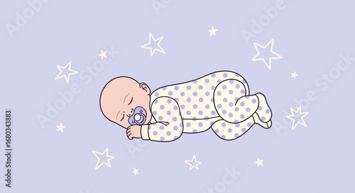 Adorable sleeping baby with pacifier and stars on a soothing pastel background design