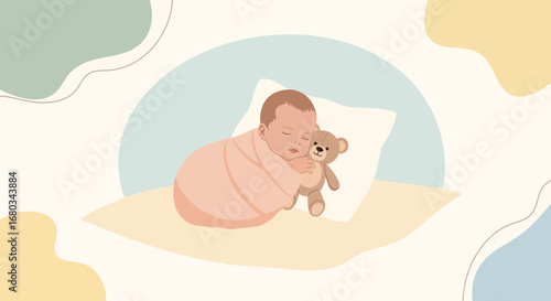 Adorable sleeping baby with a teddy bear illustration in soft pastel colors