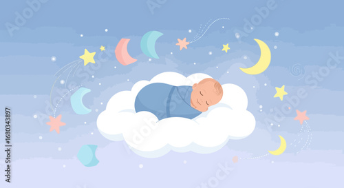 Adorable sleeping baby wrapped in a blue blanket on a soft cloud with stars and moons