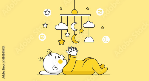 Adorable Baby Gazing at Mobile, a Delightful Childhood Dream of Sky and Playtime