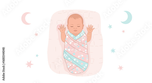 Adorable Swaddled Baby Sleeping Peacefully Under a Gentle Pink and Blue Sky