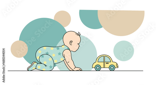 Adorable Baby Exploring With Car Toy On White Background With Teal And Beige Circle Shapes