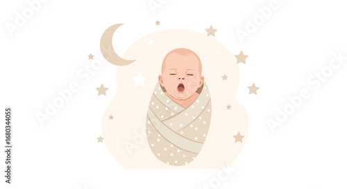 Adorable Swaddled Baby Yawning Surrounded by Stars and a Crescent Moon in Vector Art