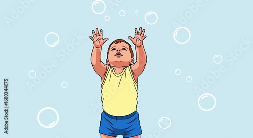 Adorable Baby Gazing At Bubbles With Arms Raised In Delightful Cartoon Illustration