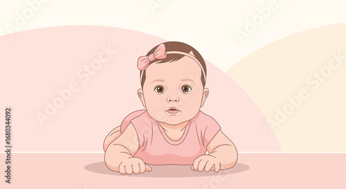 Adorable baby girl pink outfit lying on her tummy, design vector illustration