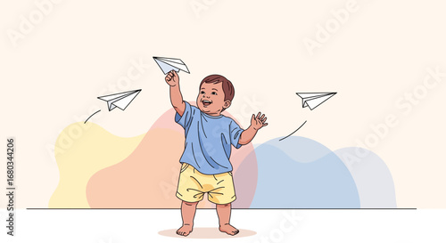 Adorable toddler joyfully launching paper airplanes, with colorful vector art illustration background