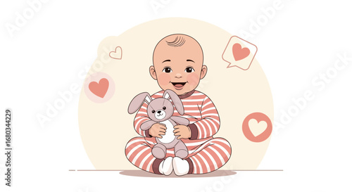 Adorable Baby Holding Bunny Toy Cartoon Sitting Surrounded By Hearts And Happiness