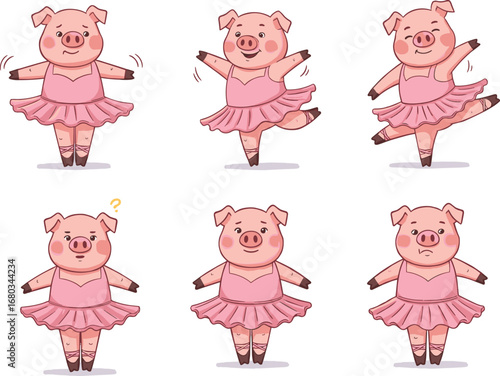 Cute pig ballerina dancing and posing, pink tutu ballet costume, cartoon piglet ballet dancer, adorable animal ballet performance vector.