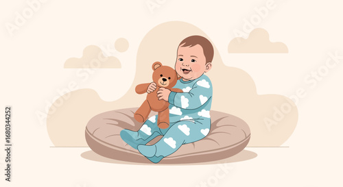 Adorable Baby Holding Teddy Bear on Soft Cushion in Dreamy Illustration Style