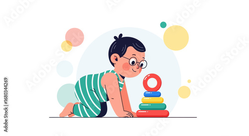 Adorable toddler playing with a colorful stacking toy illustration on white background vector