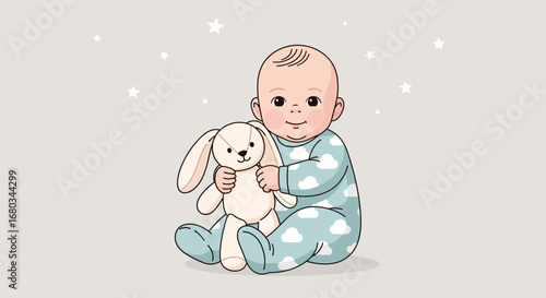 Adorable baby hugging a stuffed bunny with stars and a peaceful atmosphere