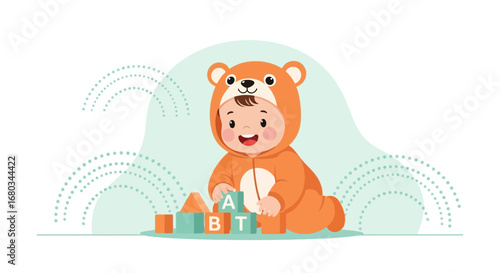 Adorable baby in a bear costume playing with blocks, cheerful and playful mood
