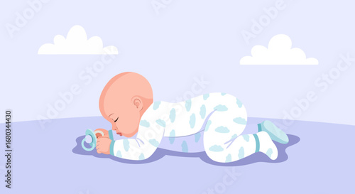 Adorable baby in a onesie crawling on the floor, cute illustration with clouds.
