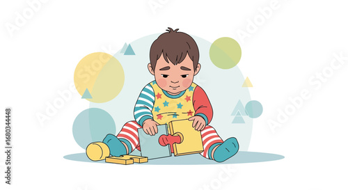 Adorable Young Child Focused On Solving a Puzzle with Charming Illustrations