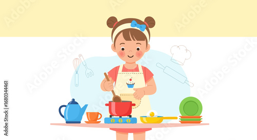 Adorable Young Girl Baking and Cooking Meals Enjoying Delightful Culinary Activities
