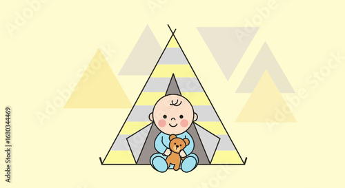 Adorable Baby In A Teepee Tent Laughing And Holding Teddy Bear With Yellow Background