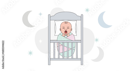 Adorable Baby in Crib Yawning Surrounded by Moon and Stars Design Illustration
