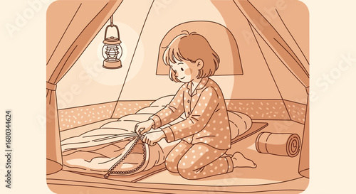 Adorable Young Person Prepares Bedding Inside Tent For Camping Adventures And Enjoyment