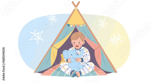 Adorable Youngster Playing With Elephant Toy Inside a Colorful Tent Cartoon Illustration