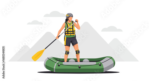 Adventure Begins: Woman Rafting on Wild Water, Ready for Action and Outdoor Fun